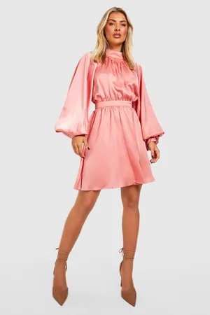 Boohoo Blouson Sleeve Satin Mini Skater Dress