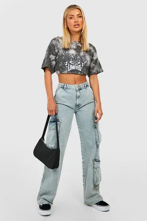 Boohoo Acid Wash Multi Pocket Cargo Wide Leg Jeans