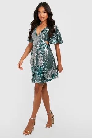 Boohoo Petite Floral Sequin Angel Sleeve Mini Dress