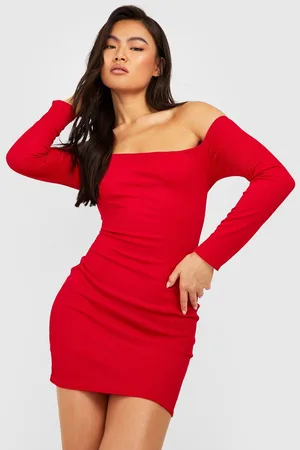 Boohoo Basic Ribbed Bardot Long Sleeve Bodycon Dress