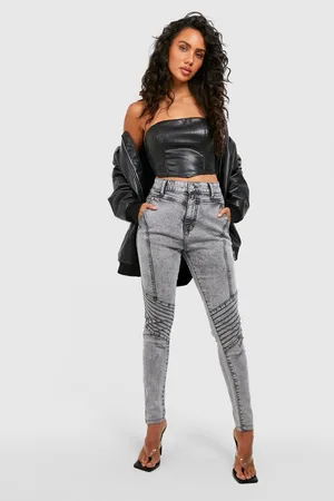 Boohoo High Waisted Acid Wash Biker Skinny Jeans
