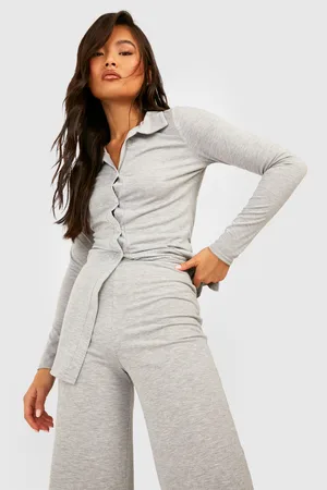 Boohoo Jersey Collar Button Up Lounge Set
