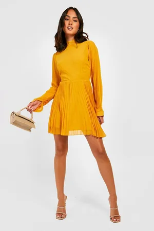 Boohoo Pleated High Neck Blouson Sleeve Skater Dress