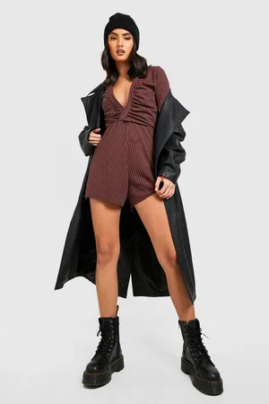 Boohoo Crinkle Rib Ruched Collared Playsuit