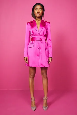 Boohoo Premium Satin Obi Tie Waist Blazer Dress