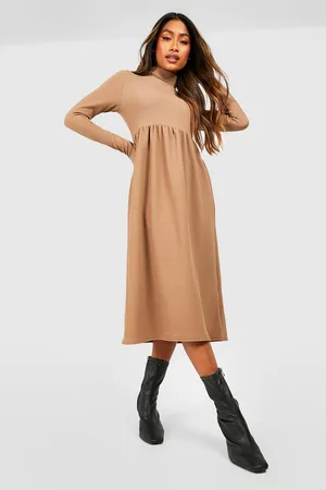 Boohoo Crinkle Rib Roll Neck Midi Dress
