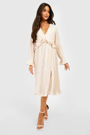 Boohoo Pleated Plunge Ruffle Detail Midi Dress