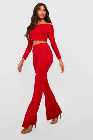 Boohoo Long Sleeve Bardot Top & Flare Trousers