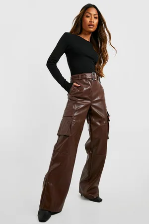 Boohoo Premium Pu Wide Leg Belted Cargo Trousers