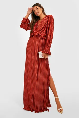 Boohoo Pleated Plunge Ruffle Detail Maxi Dress