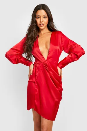 Boohoo Satin Plunge Wrap Drape Dress