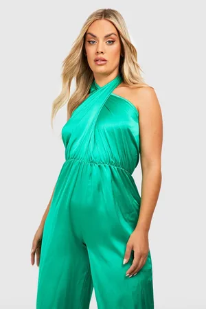 Boohoo Plus Satin Halterneck Twist Wide Leg Jumpsuit