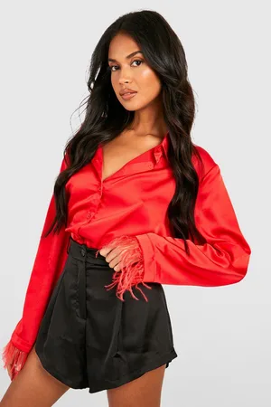 Boohoo Feather Trim Satin Shirt