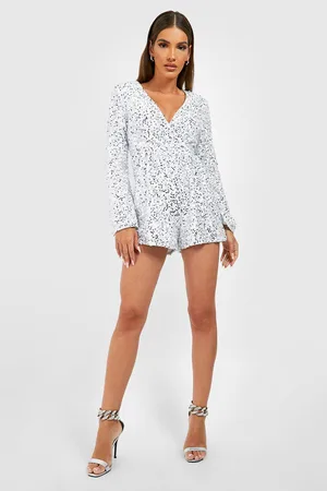 Boohoo Velvet Sequin Flare Sleeve Playsuit