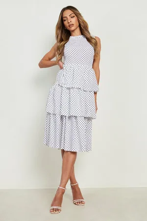 Boohoo Mini Polka Dot Ruffle Midi Skater Dress