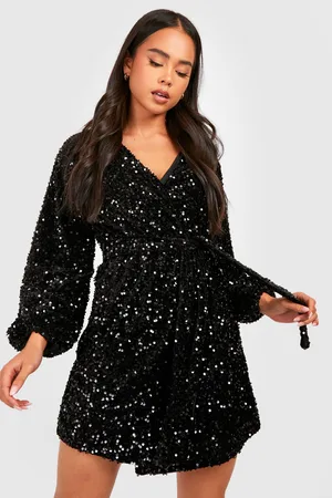 Boohoo Petite Velvet Sequin Volume Sleeve Wrap Dress