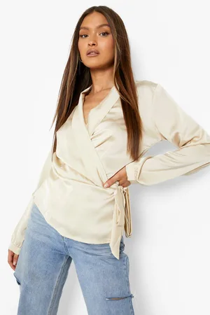 Boohoo Satin Volume Sleeve Pep Hem Blouse