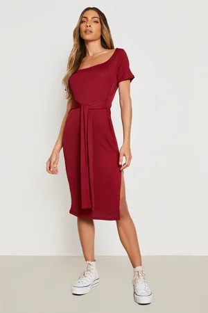 Boohoo Rib Square Neck Belted Midi Dress