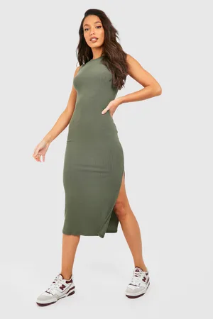 Boohoo Tall Knitted Rib Split Front Sleeveless Midi Dress