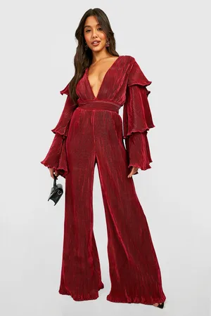 Boohoo Satin Layered Ruffle Sleeve Wide Leg Jumpsuit