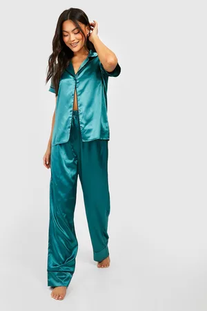 Boohoo Satin Pj Trouser Set With Contrast Piping
