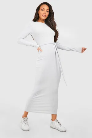 Boohoo Tall Crew Neck Soft Belted Longsleeve Midi Dress
