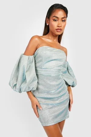 Boohoo Glitter Puff Sleeve Off The Shoulder Party Dress