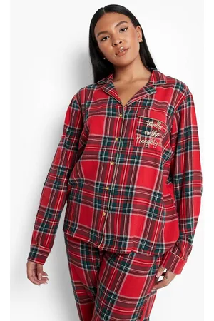 Boohoo Plus Christmas Naughty List Slogan Tartan Check Shirt and Trousers Pyjama Set