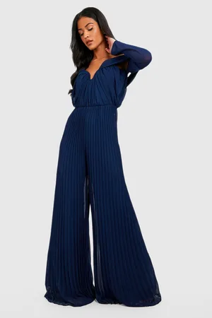 Boohoo Tall Plisse Bardot Wide Leg Jumpsuit