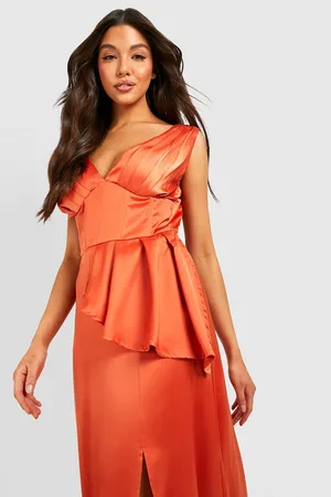 Boohoo Satin Corset Waist Maxi Dress With Ruffle