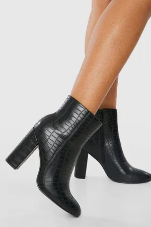 Boohoo Round Toe Croc Block Heel Ankle Boots