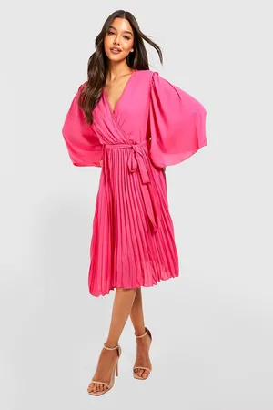 Boohoo Pleated Chiffon Flare Sleeve Midi Dress