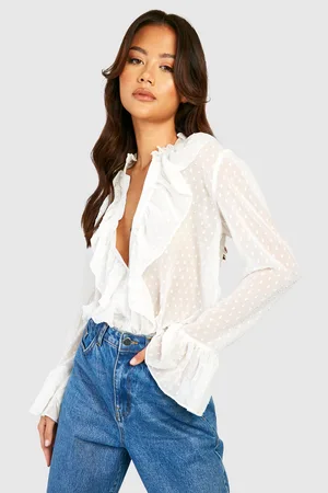 Boohoo Dobby Mesh Ruffle Blouse