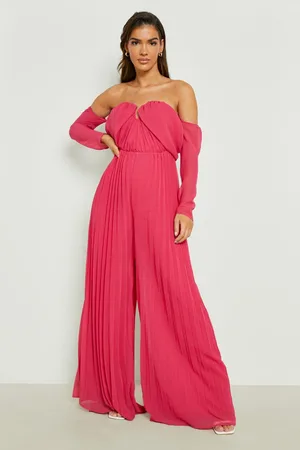 Boohoo Pleated Bardot Wide Leg Jumpsuit