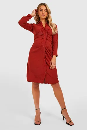 Boohoo Maternity Crinkle Ruched Shirt Midi Dress