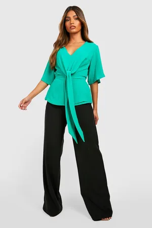 Boohoo Knot Front Flared Sleeve Blouse