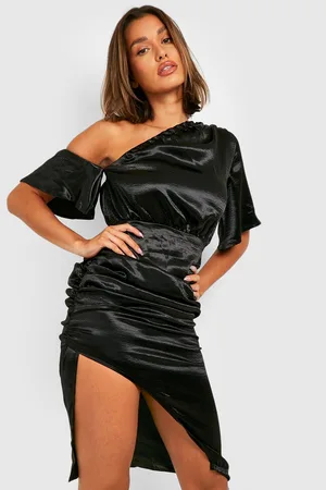 Boohoo Satin Slash Neck Midi Dress