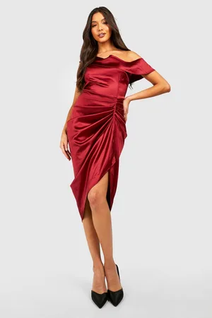 Boohoo Satin Bardot Draped Side Split Midi Dress