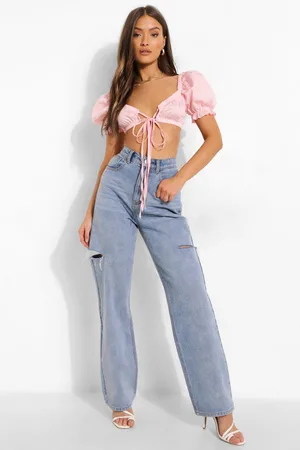 Boohoo Woven Puff Sleeve Extreme Tie Crop Top