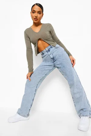 Boohoo Rib Knit Reverse Notch Long Sleeve Top