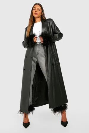 Boohoo Feather Cuff Pu Belted Coat