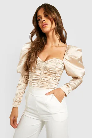 Boohoo Premium Satin Puff Sleeve Ruched Bodysuit