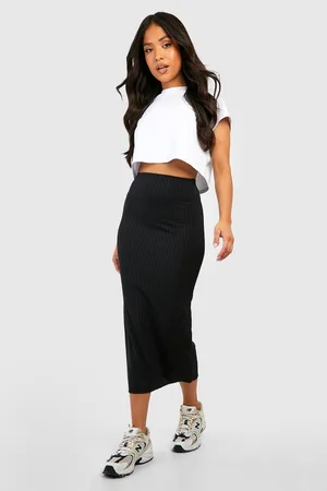 Boohoo Petite Rib Lettuce Hem Midaxi Skirt