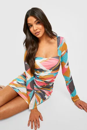 Boohoo Abstract Mesh Ruched Bodycon Dress