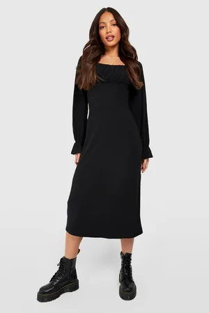 Boohoo Tall Soft Rib Longsleeve Ruched Bust Midi Dress