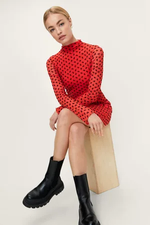 Boohoo Floral Print Flock Funnel Neck Mini Dress