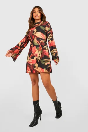 Boohoo Printed High Neck Flare Sleeve Mini Dress