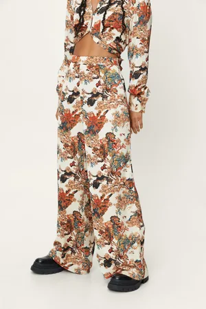 Boohoo Petite Vintage Floral Satin Wide Leg Pants
