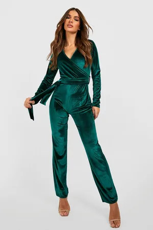 Boohoo Velvet Wrap Over Belted Jumpsuit
