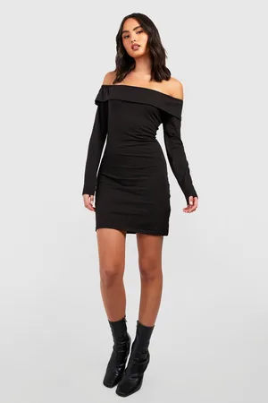 Boohoo Long Sleeve Mini Bardot Frill Bodycon Dress